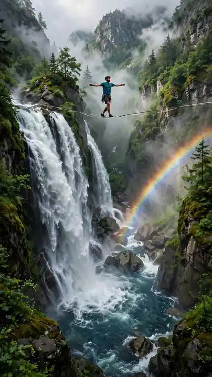 Slackline Over a Waterfall