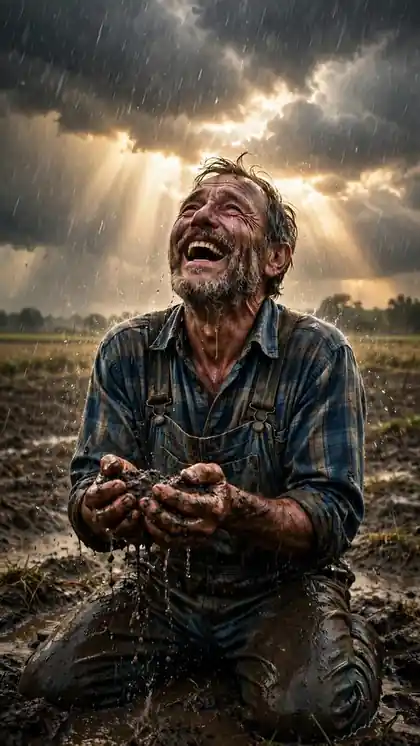 Farmer Kneels as Rain Ends the Drought
