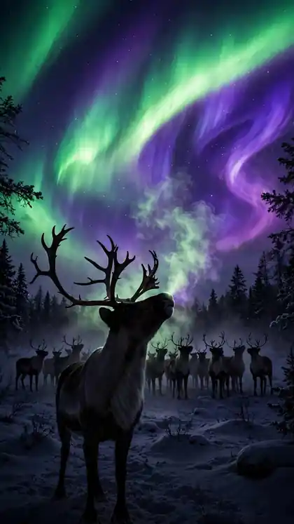 Reindeer Beneath the Northern Lights
