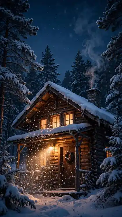 Snow Falling on a Cozy Cabin